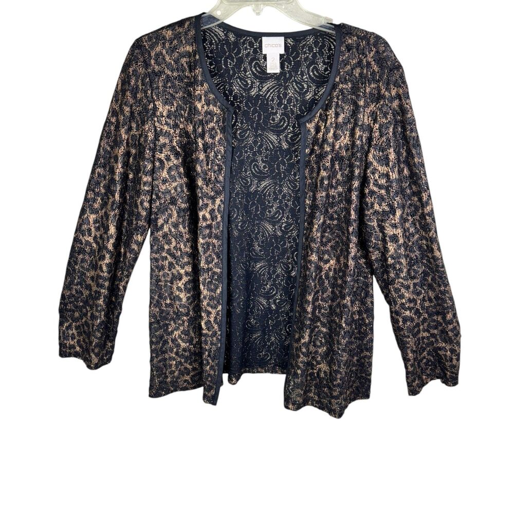 chico's jacquard leopard print lace jacket Size 2 Large Brown Black Open